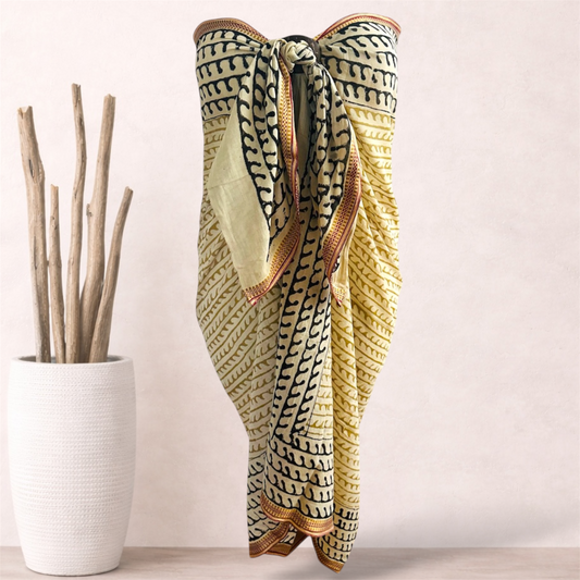 Sahara Kalamkari Sarong | Cotton Voile | Vintage Silk Trim