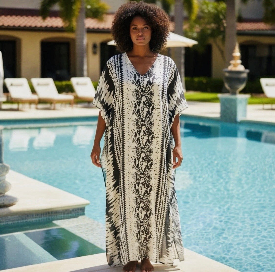 Batik Print Maxi Kaftan | Black & Soft Cream | Size 16–22