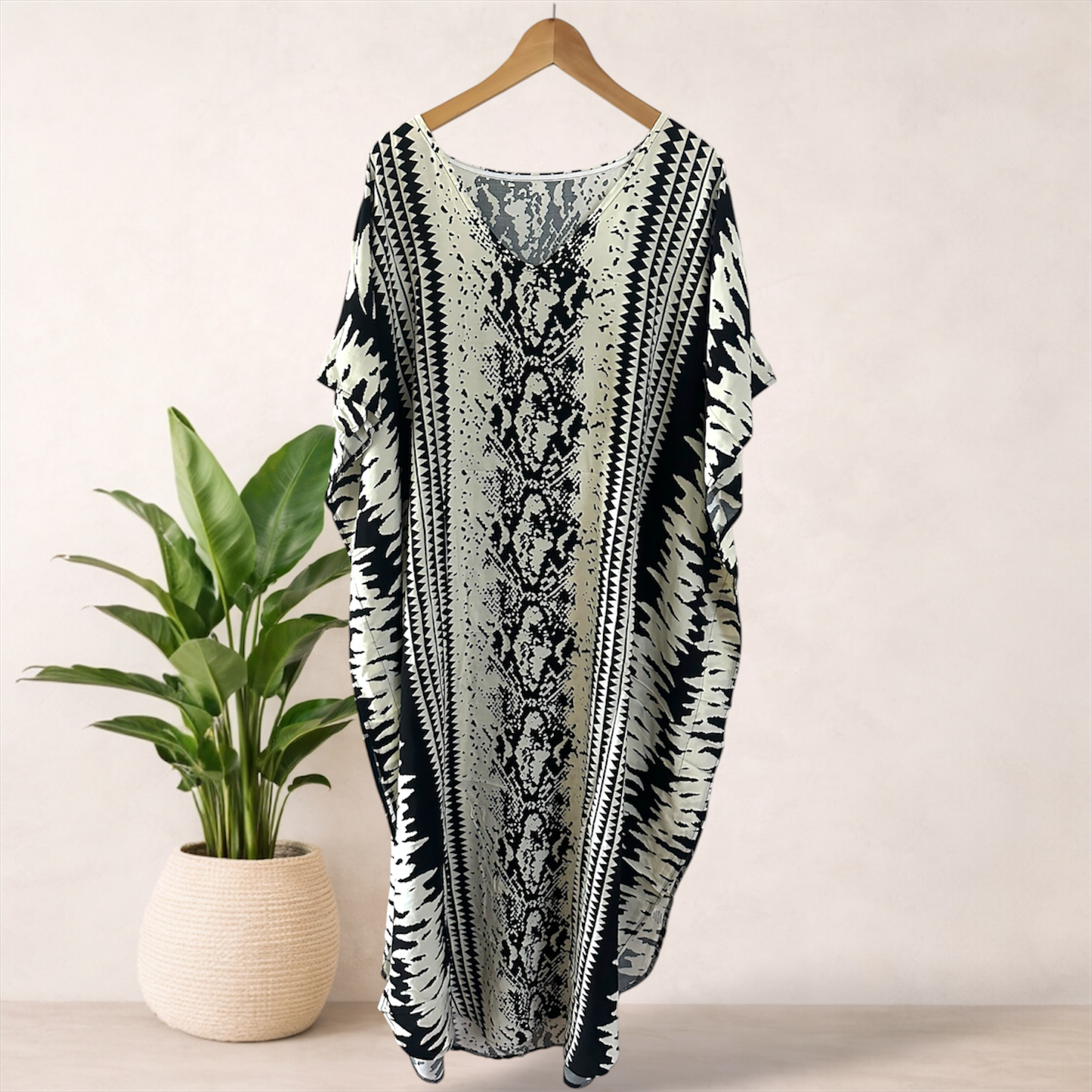 Batik Print Maxi Kaftan | Black & Soft Cream | Size 16–22